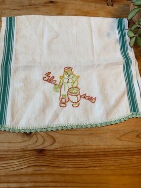 Vintage Embroidered Kitchen Towel with Green Trim